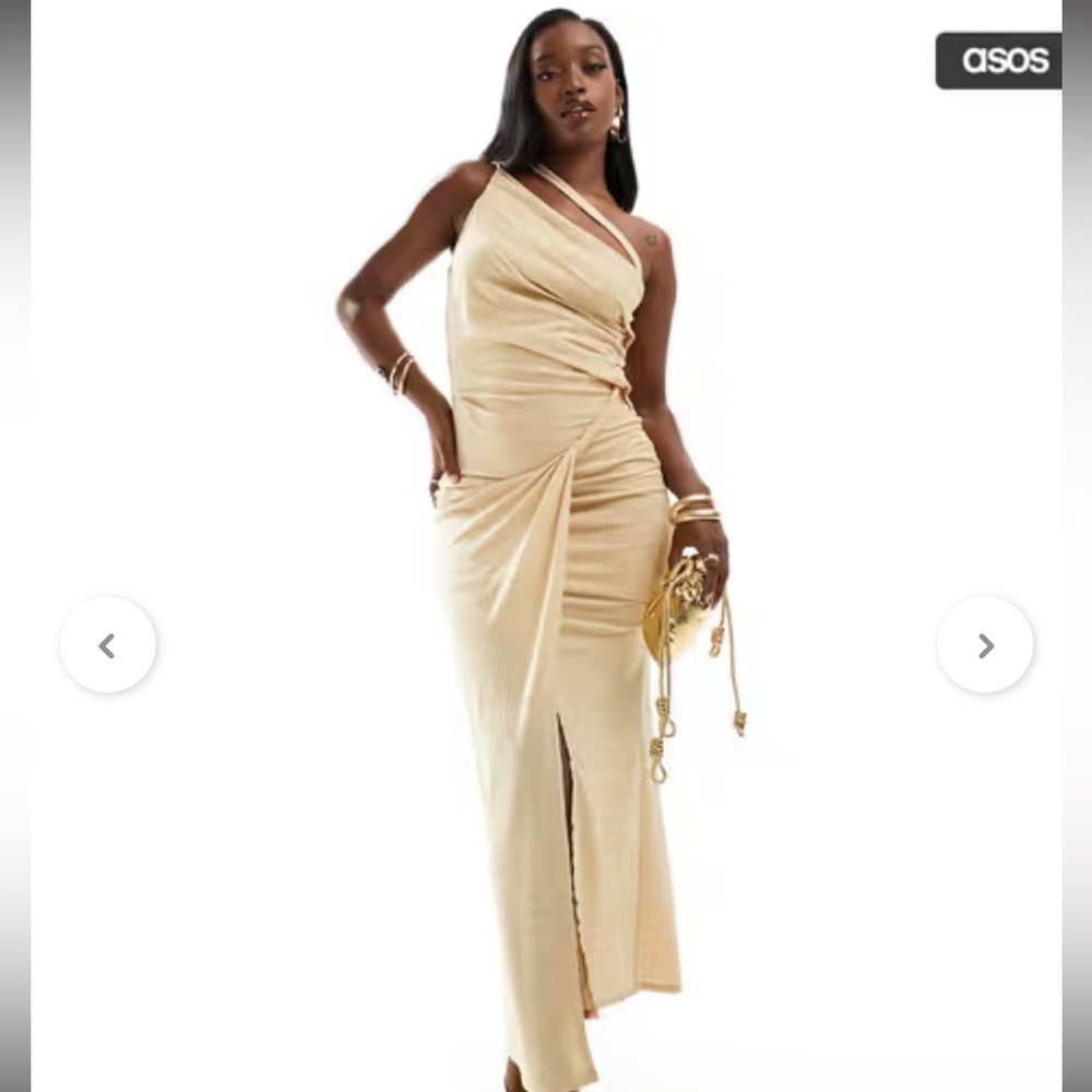 ASOS One-Shoulder Gold-Beige Draped Evening Gown